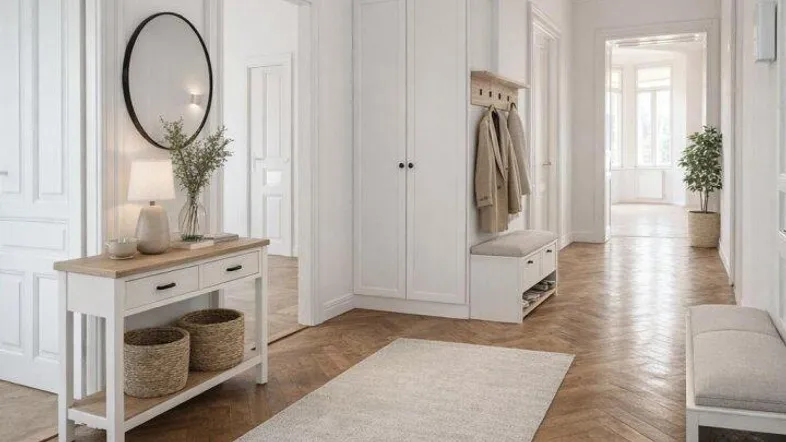 Heller Flur mit Fischgrätparkett, weißer Garderobe und modernem Deckenlicht.