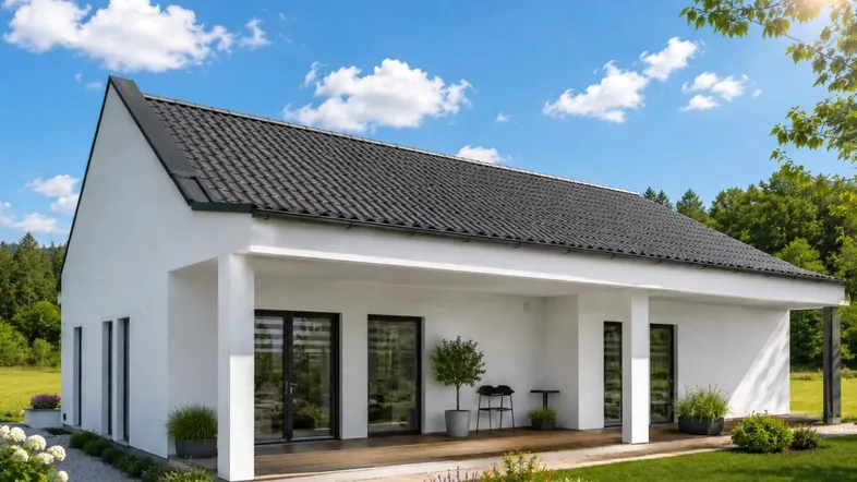 Modernes Einfamilienhaus mit weißer Fassade, dunklem Satteldach und einer Holzterrasse.