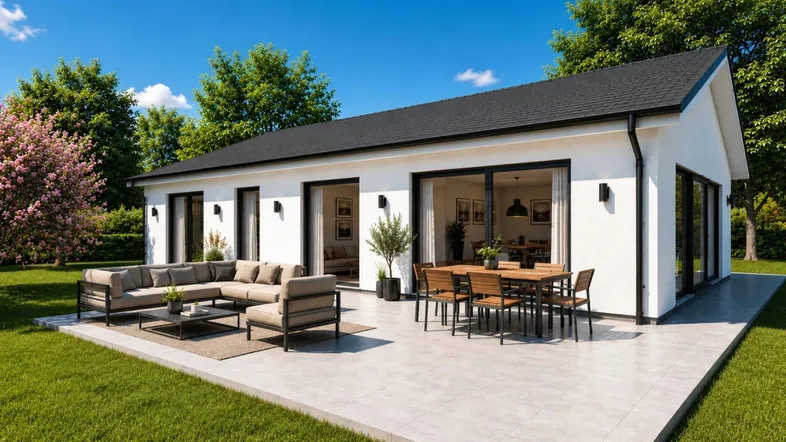 Modernes Einfamilienhaus mit großer Terrasse, Gartenmöbeln und gepflegtem Rasen unter blauem Himmel.