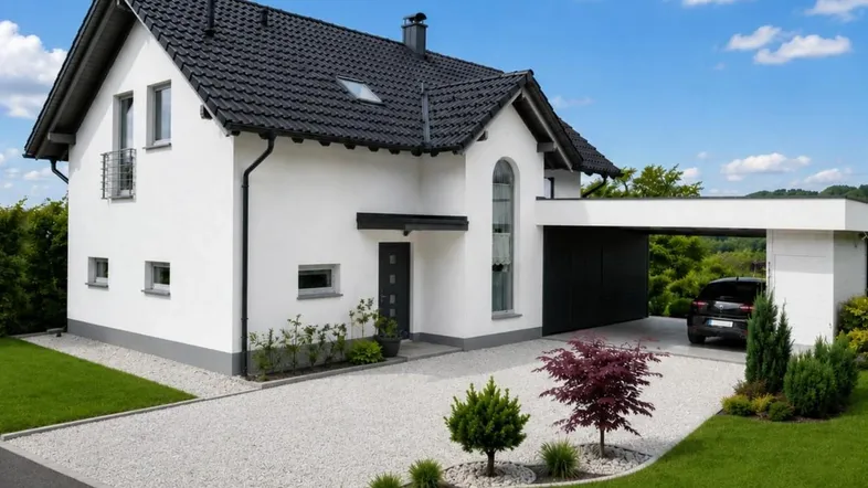 Modernes Einfamilienhaus mit weißer Fassade, schwarzem Dach und integriertem Carport.