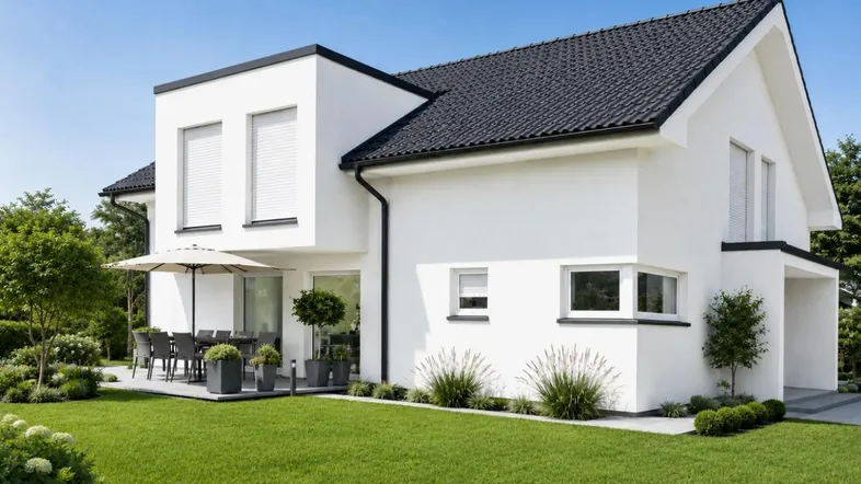 Modernes Einfamilienhaus mit weißer Fassade, großem Garten und möblierter Terrasse unter blauem Himmel.