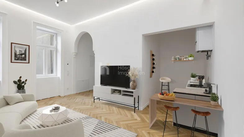 Helles Wohnzimmer mit Fischgrätparkett, moderner Einrichtung und integrierter Küchenzeile.