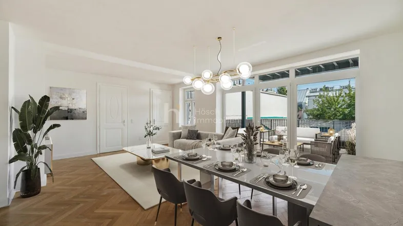Helles, offenes Wohn- und Esszimmer mit modernem Design und Zugang zur Terrasse.