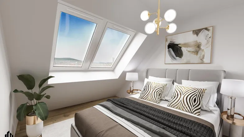 Modernes Schlafzimmer im Dachgeschoss mit großen Dachfenstern und hellem Interieur.