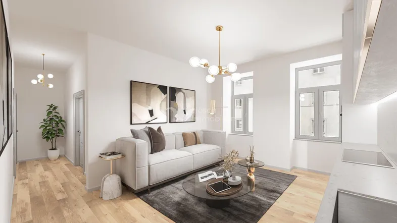 Helles Wohnzimmer mit modernem Sofa, Holzboden und stilvoller Beleuchtung, offen zum Küchenbereich.