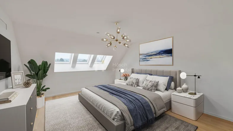 Modernes Schlafzimmer mit Dachschrägen, Dachfenstern und stilvoller Einrichtung.