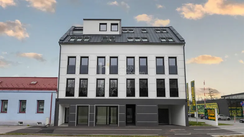 Moderne Wohnhausfassade mit weißem Putz, dunklen Akzenten und vielen Dachfenstern.