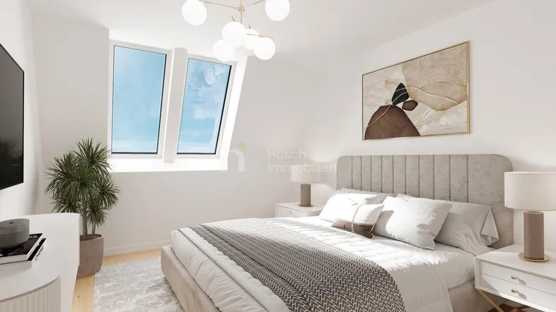 Helles Schlafzimmer mit Dachfenstern, modernem Bett und minimalistischer Einrichtung.