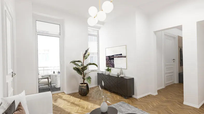 Helles Wohnzimmer mit Fischgrätparkett, modernem Dekor und Zugang zu einem Balkon.