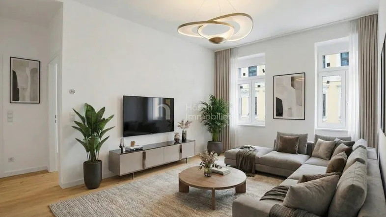 Modernes Wohnzimmer mit hellem Parkettboden, bequemer Couch und stilvoller Deckenleuchte.