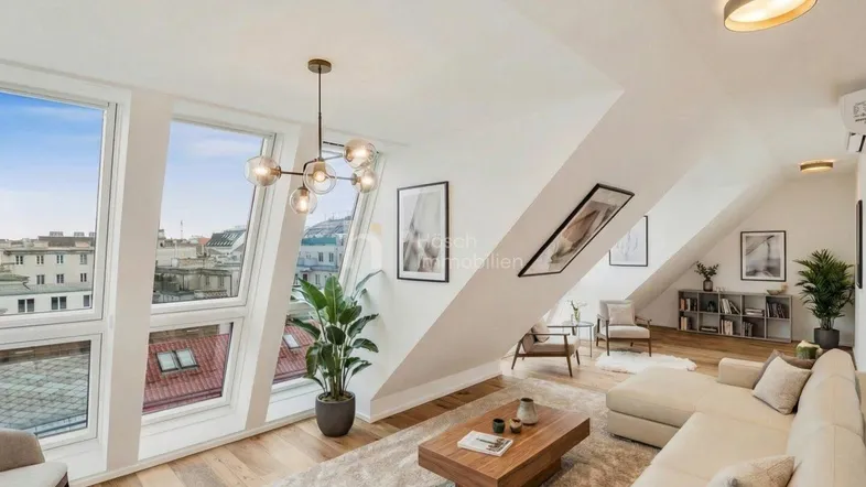 Helles Wohnzimmer mit modernen Möbeln, großen Fenstern und Blick über die Stadt.