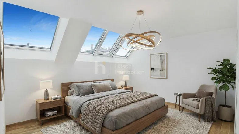 Modernes Schlafzimmer mit Dachfenstern, Holzboden und stilvoller Einrichtung, bietet viel Tageslicht.