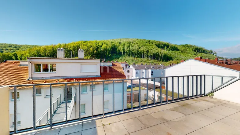 Geräumige Dachterrasse mit moderner Verglasung und weitem Blick ins Grüne.