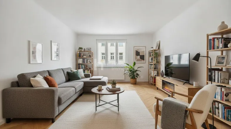 Helles Wohnzimmer mit modernem Sofa, Holzboden im Fischgrätmuster und Bücherregalen mit Grünblick.