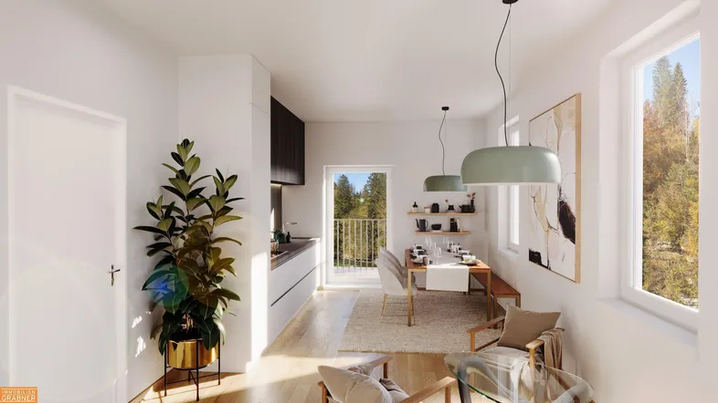 Helles, offenes Wohnzimmer mit integrierter Küche, Essbereich und Zugang zu einem Balkon.