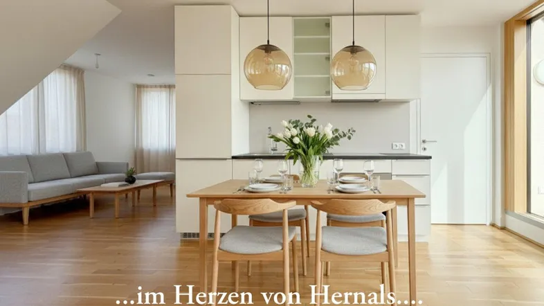 Heller offener Wohn-Essbereich mit moderner Küche, Holzboden und gemütlichem Sofa.