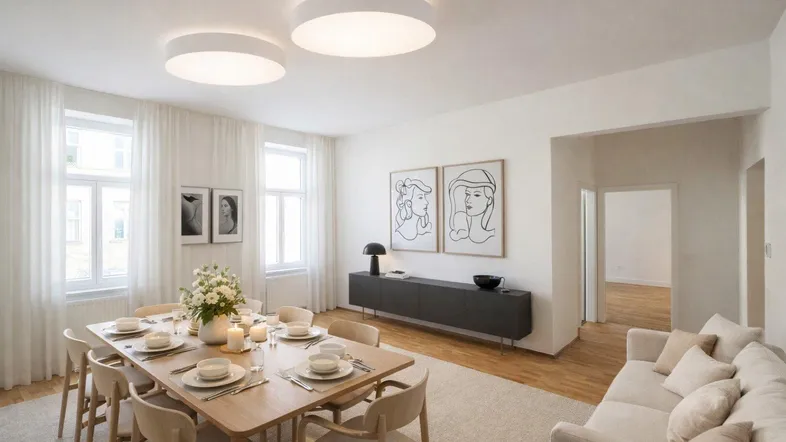 Helles, modern eingerichtetes Wohn-Esszimmer mit Holzboden und stilvollen Deckenleuchten.