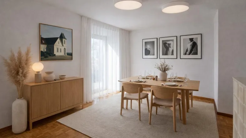 Helles Esszimmer mit Holzboden, modernem Esstisch und Zugang zum Balkon.