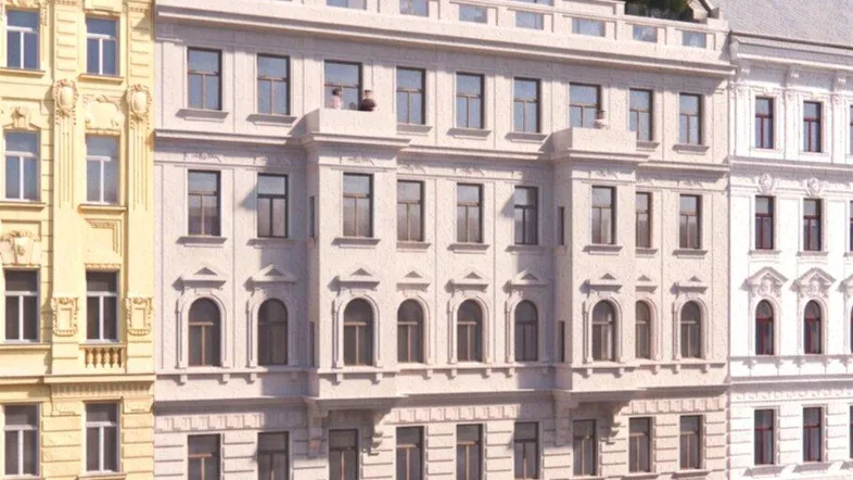 Visualisierung der modernen Fassade eines Altbaus mit neuem Dachgeschossausbau und Terrassen.