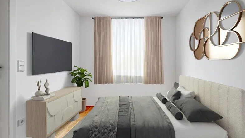 Helles Schlafzimmer mit modernem Bett, TV und dekorativer Wandkunst.