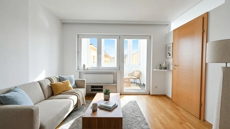 Helles Wohnzimmer mit Holzboden, beigem Sofa und Zugang zu einem kleinen Balkon.