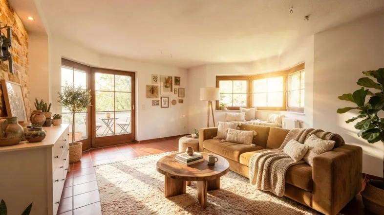 Helles Wohnzimmer mit Terrakottafliesen, gemütlichem Sofa und Zugang zu einem sonnigen Balkon.