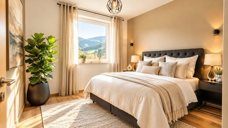Helles Schlafzimmer mit Bergblick, Holzboden und gemütlichem Doppelbett.