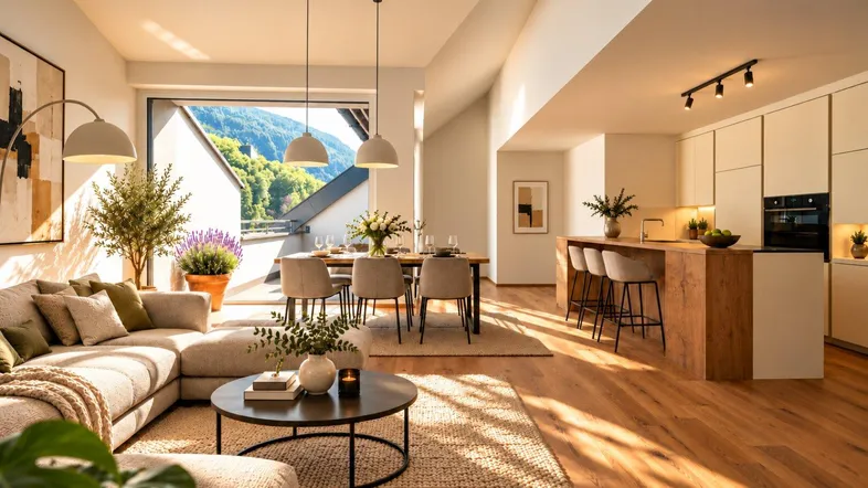 Helles, offenes Wohn-Esszimmer mit integrierter Küche, Holzboden und Zugang zu einem Balkon mit Bergblick.