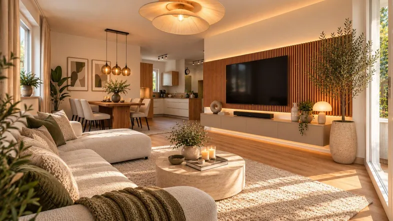 Helles, offenes Wohn- und Esszimmer mit modernem Design, Holzakzenten und Zugang zum Balkon.