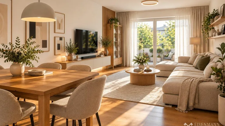Helles, offenes Wohn- und Esszimmer mit Holzboden, bequemer Couch und Zugang zum Balkon.