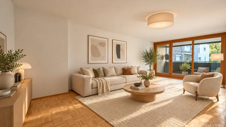 Helles Wohnzimmer mit Parkettboden, beigem Sofa und Zugang zu einem verglasten Balkon.