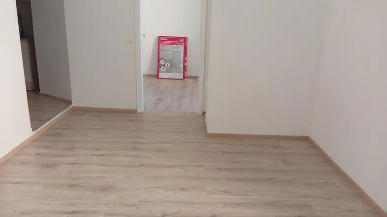 Leerer Raum mit hellem Laminatboden und weiß gestrichenen Wänden, der zu einem weiteren Zimmer führt.
