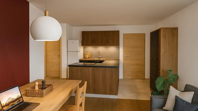 Moderner offener Wohn- und Essbereich mit integrierter Küchenzeile und Holzboden.