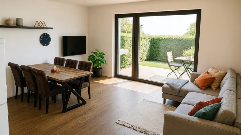 Heller Wohn- und Essbereich mit Holzboden, großen Fenstern und Zugang zum Garten.