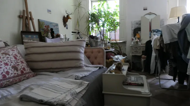 Gemütliches Schlafzimmer mit Tagesbett, Kunstutensilien und Pflanzen am Fenster, das viel natürliches Licht hereinlässt.
