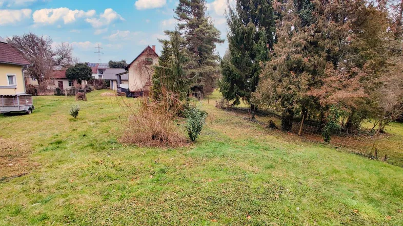 Weitläufige Grünfläche mit Rasen und Bäumen, umgeben von ländlicher Bebauung unter blauem Himmel.