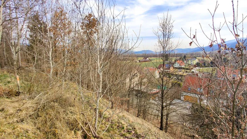 Blick über eine hügelige Landschaft mit vereinzelten Häusern und Bergen im Hintergrund unter blauem Himmel.