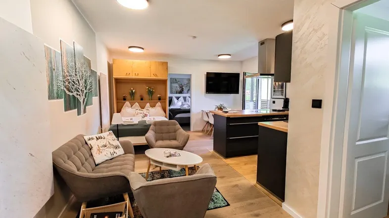 Moderner offener Wohnbereich mit integrierter Küche, gemütlicher Sitzecke und Schlafbereich.