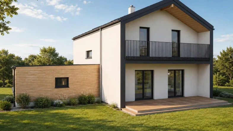 Modernes Einfamilienhaus mit weißer Fassade, Holzverkleidung, großer Holzterrasse und weitläufigem Gartenbereich.