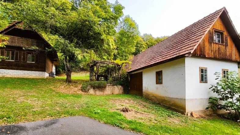 Zwei traditionelle Häuser in ländlicher Umgebung, umgeben von viel Grün und Bäumen.