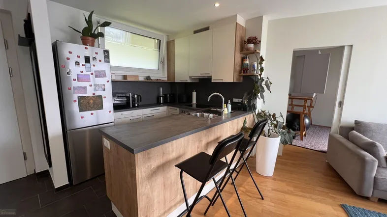Moderne offene Küche mit Kücheninsel, integrierten Geräten und Holzboden.
