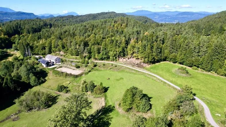 Luftaufnahme des Anwesens mit weitläufigen Grünflächen, Wald und Bergen im Hintergrund.