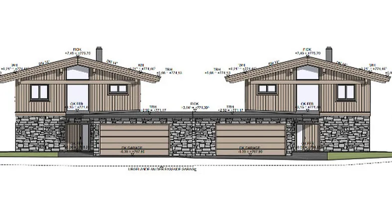 Architektonische Zeichnung der Vorderansicht zweier Häuser im alpinen Stil mit Holz- und Steinfassade.