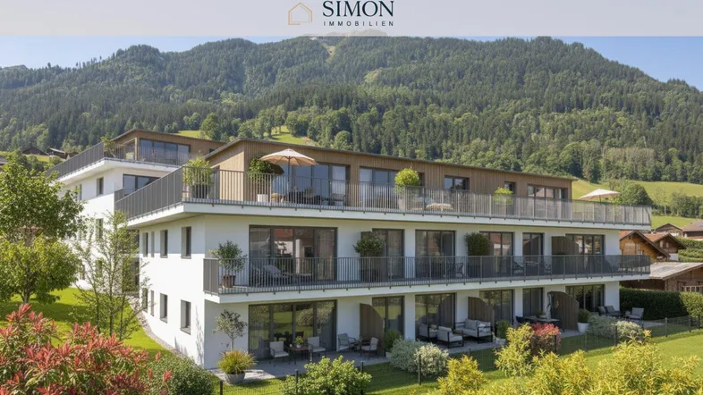 Modernes Mehrfamilienhaus mit großzügigen Balkonen und Terrassen in einer idyllischen Berglandschaft.