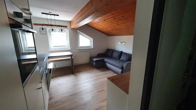 Gemütlicher Wohn- und Essbereich mit Holzbalkendecke, Sofa und Esstisch unter Dachschrägen.