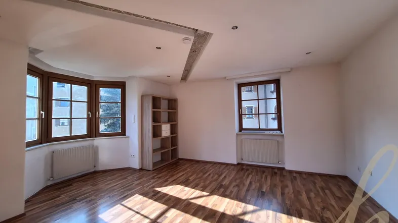 Helles Wohnzimmer mit Holzboden, großen Fenstern und einem Bücherregal, das viel natürliches Licht hereinlässt.