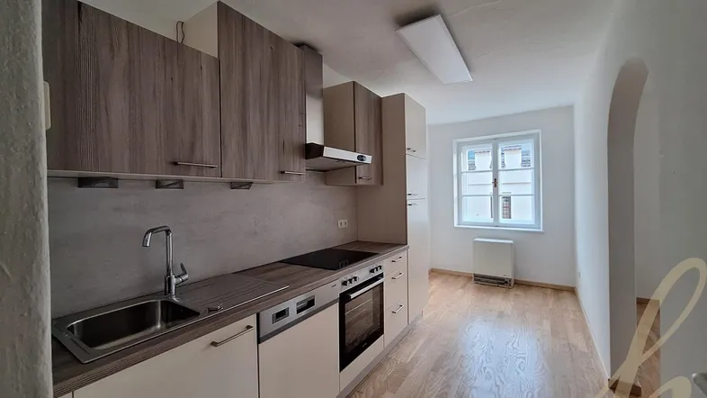 Moderne Einbauküche mit Holzschränken, integrierten Geräten und hellem Holzboden in einem offenen Raum.