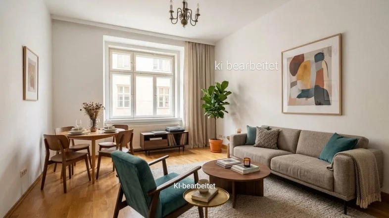 Heller Wohn- und Essbereich mit Holzboden, großem Fenster und moderner Einrichtung, ideal für geselliges Beisammensein.