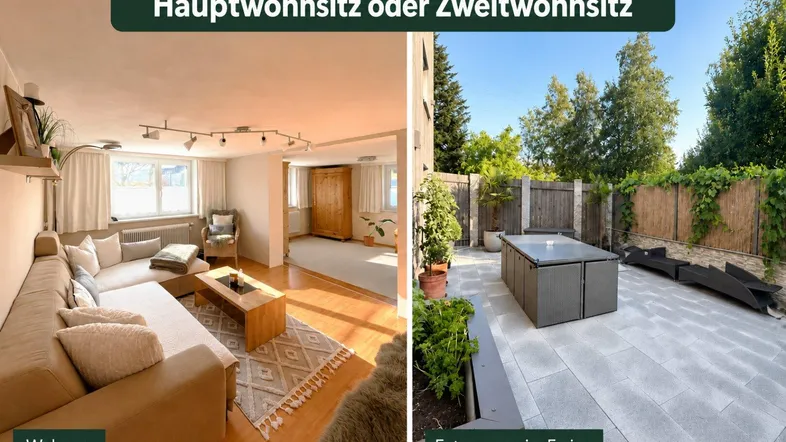 Kombiniertes Bild zeigt ein helles Wohnzimmer mit Holzboden und eine moderne Terrasse mit Sitzgelegenheiten im Freien.