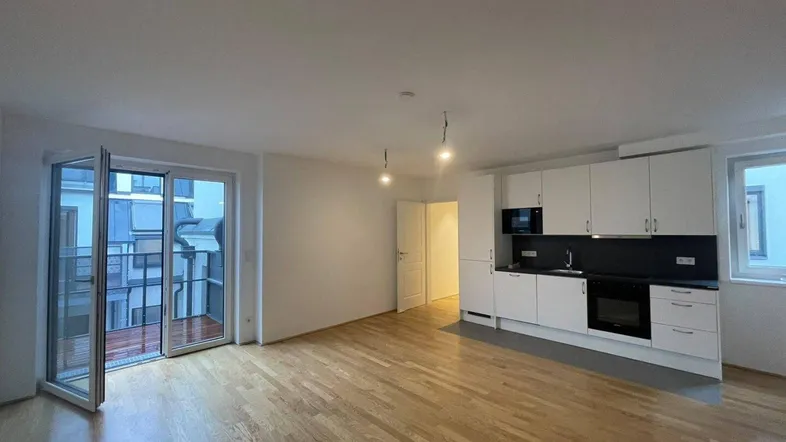 Heller offener Wohnbereich mit integrierter Küche, Parkettboden und Zugang zum Balkon.
